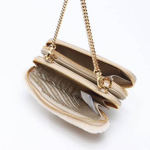 PRADA Saffiano x Sheepfur Triangle Shoulder Bag beige WS14303