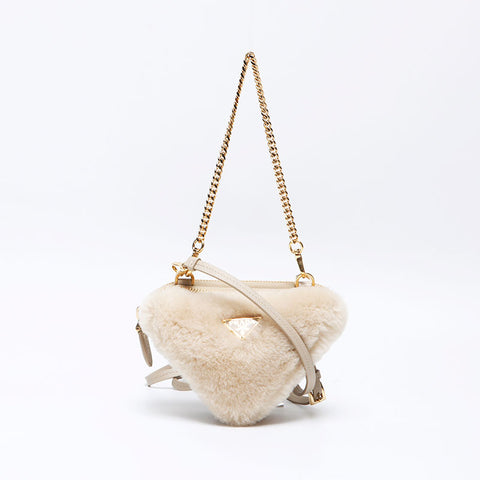 PRADA Saffiano x Sheepfur Triangle Shoulder Bag beige WS14303