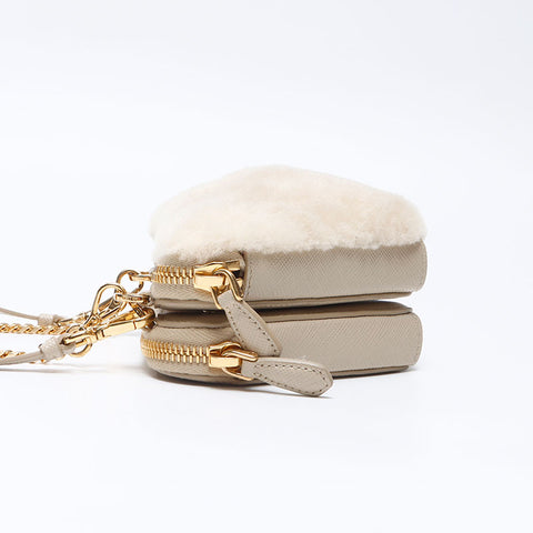 PRADA Saffiano x Sheepfur Triangle Shoulder Bag beige WS14303