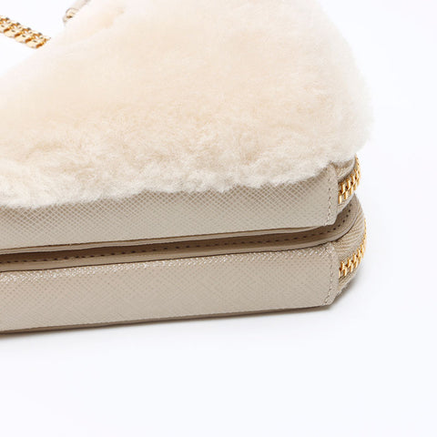 PRADA Saffiano x Sheepfur Triangle Shoulder Bag beige WS14303