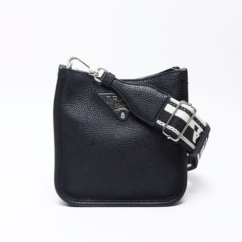 PRADA Vitello Dino Leather Logo Small Shoulder Bag black WS14308