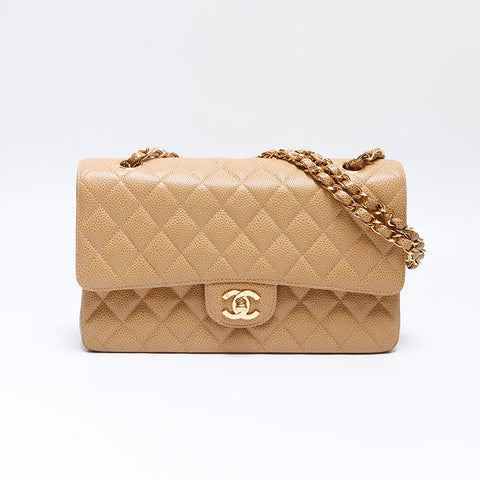 CHANEL No. 7 2002-2003 Double flap Caviar skin 9.8" Shoulder Bag beige WS14349