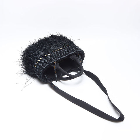 PRADA Basket Bag Straw Handbag black WS14447