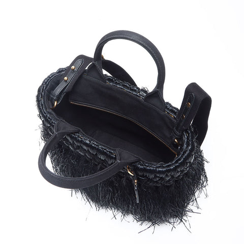 PRADA Basket Bag Straw Handbag black WS14447