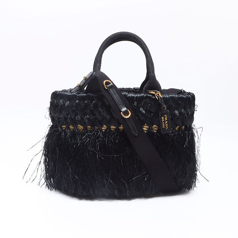 PRADA Basket Bag Straw Handbag black WS14447
