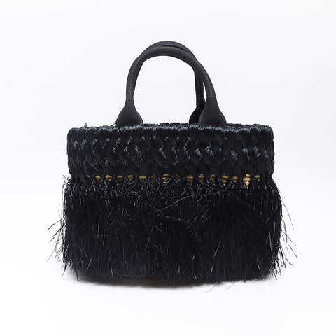 PRADA Basket Bag Straw Handbag black WS14447