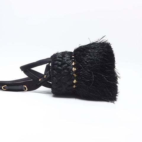 PRADA Basket Bag Straw Handbag black WS14447