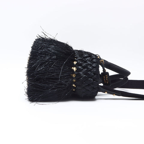 PRADA Basket Bag Straw Handbag black WS14447