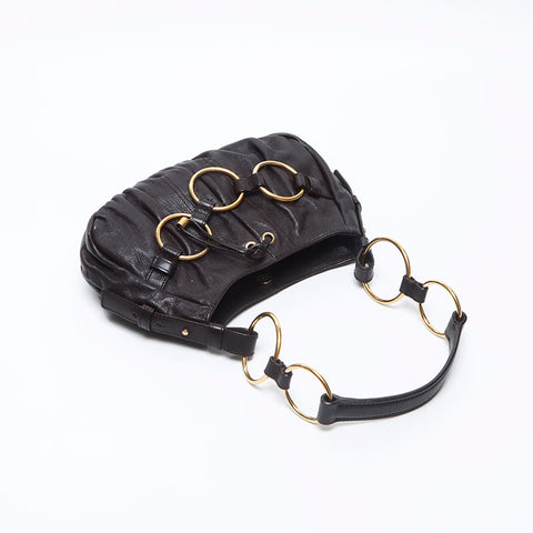 イヴ・サンローラン YVES SAINT LAURENT ゴールドリング ハンドバッグ ブラウン WS14478