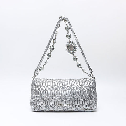 Miu Miu Matelasse Crystal 2way Shoulder Bag Silver WS14525