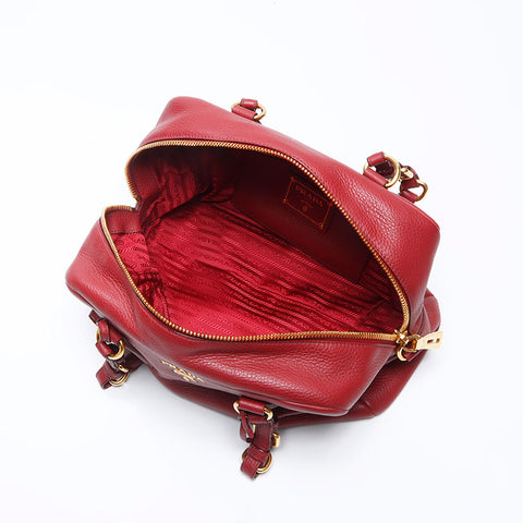 PRADA Leather Boston Bag Handbag Red WS14535