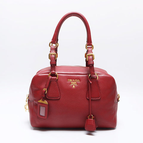 PRADA Leather Boston Bag Handbag Red WS14535