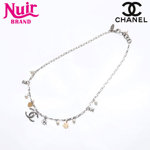CHANEL 2006 06A COCO Mark Clover Necklace Silver WS14569