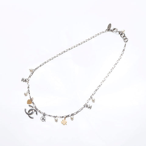 CHANEL 2006 06A COCO Mark Clover Necklace Silver WS14569