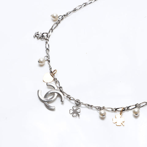 CHANEL 2006 06A COCO Mark Clover Necklace Silver WS14569