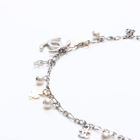 CHANEL 2006 06A COCO Mark Clover Necklace Silver WS14569
