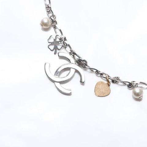 CHANEL 2006 06A COCO Mark Clover Necklace Silver WS14569