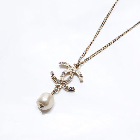 CHANEL 12A 2012 COCO Mark Rhinestone Pearl Necklace gold WS14579