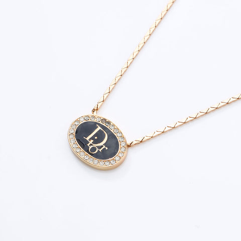 Christian Dior Logo rhinestone Necklace gold WS14601