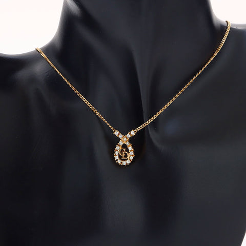 Christian Dior Logo rhinestone Necklace gold WS14602