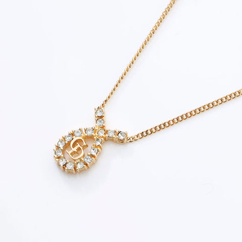 Christian Dior Logo rhinestone Necklace gold WS14602