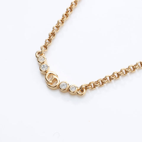 Christian Dior Logo rhinestone Necklace gold WS14604