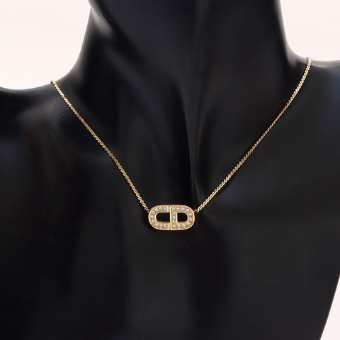 Christian Dior Logo rhinestone Necklace gold WS14607