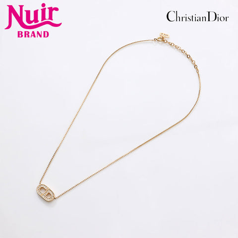 Christian Dior Logo rhinestone Necklace gold WS14607