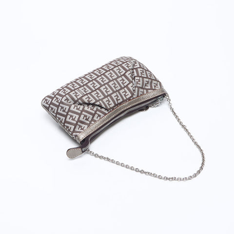 FENDI Zucchino Canvas Pouch Chain Shoulder Bag Brown WS14671