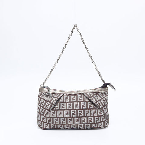 FENDI Zucchino Canvas Pouch Chain Shoulder Bag Brown WS14671