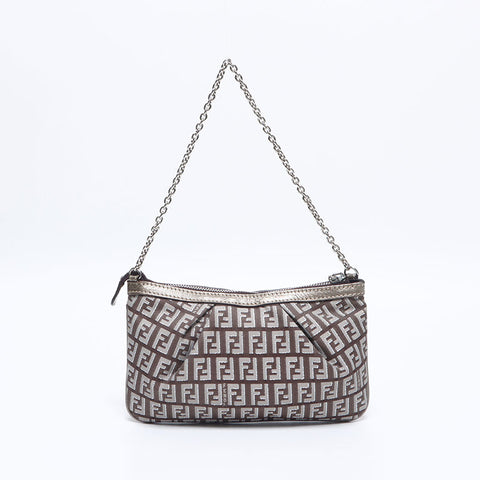 FENDI Zucchino Canvas Pouch Chain Shoulder Bag Brown WS14671