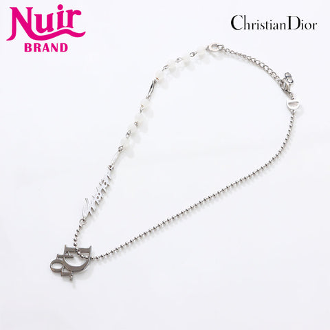 Christian Dior Logo Emblem Motif Beads Necklace Silver WS14688