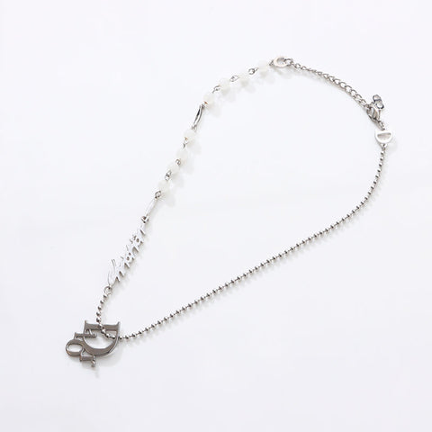 Christian Dior Logo Emblem Motif Beads Necklace Silver WS14688
