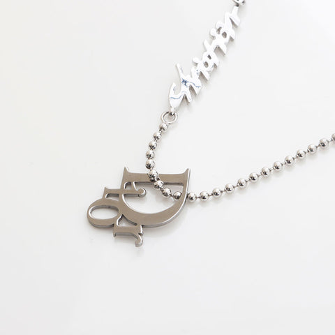 Christian Dior Logo Emblem Motif Beads Necklace Silver WS14688