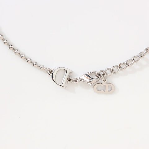 Christian Dior Logo Emblem Motif Beads Necklace Silver WS14688