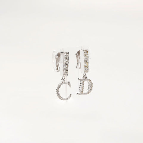 Christian Dior Rhinestone CD Logo Swing Earring Silver WS14709
