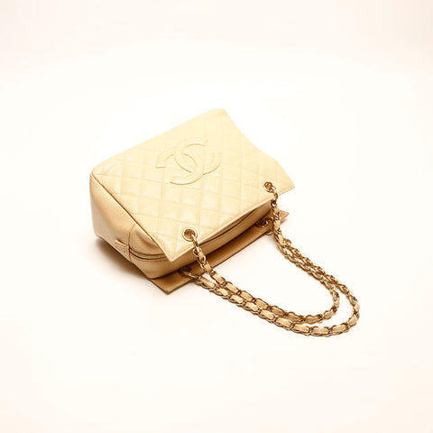シャネル CHANEL 7番台 2002-2003 キャビアスキン ショルダーバッグ ベージュ WS14718