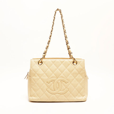 シャネル CHANEL 7番台 2002-2003 キャビアスキン ショルダーバッグ ベージュ WS14718
