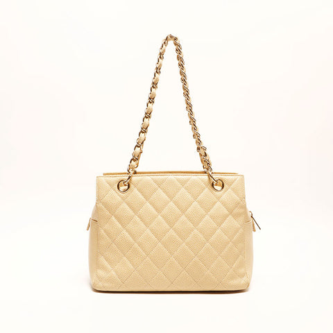 シャネル CHANEL 7番台 2002-2003 キャビアスキン ショルダーバッグ ベージュ WS14718