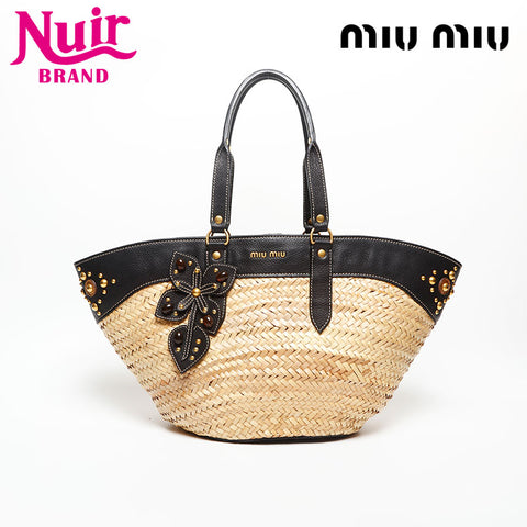 ミュウ ミュウ Miu Miu カゴバッグ レザー ラフィア バスケット ショルダーバッグ ベージュ WS14731