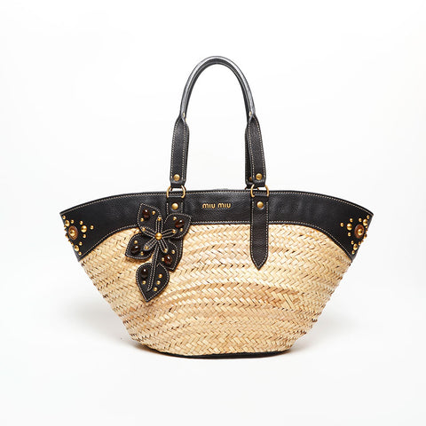 Miu Miu Basket Bag Leather Raffia Basket Shoulder Bag beige WS14731
