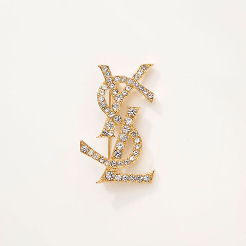 極美品 イヴ・サンローラン YVES SAINT LAURENT YSL ロゴ ラインストーン ブローチ ゴールド WS14736