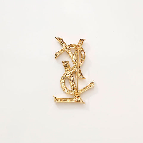YVES SAINT LAURENT YSL logo rhinestone Brooch gold WS14736