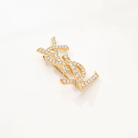 YVES SAINT LAURENT YSL logo rhinestone Brooch gold WS14736 – NUIR