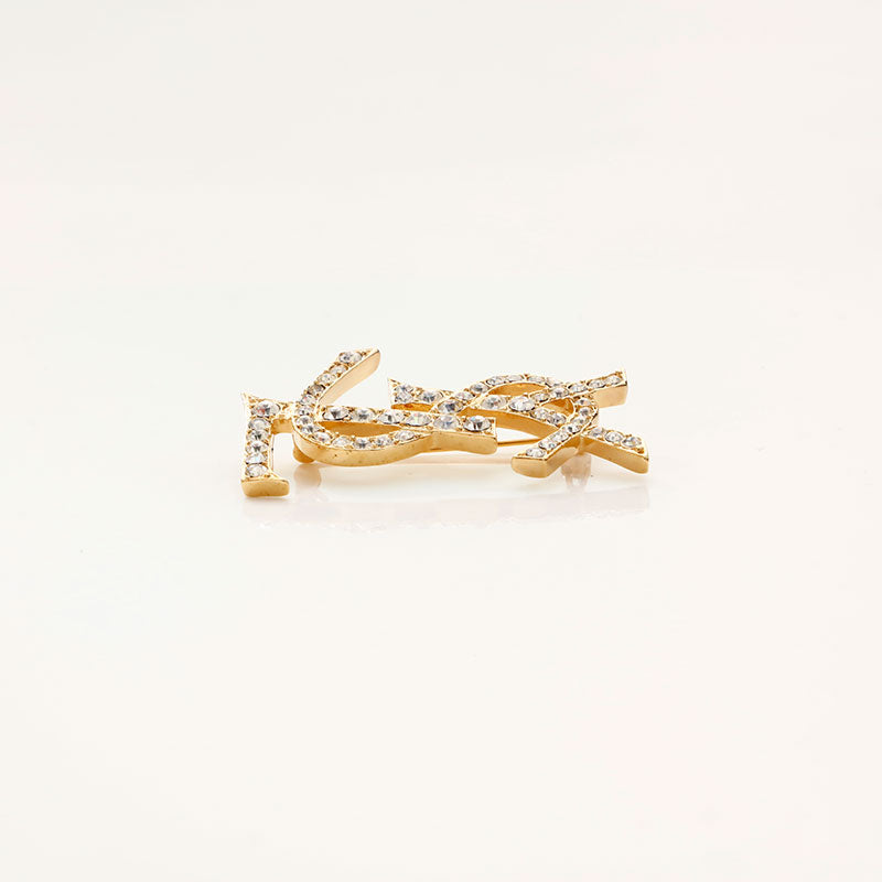YVES SAINT LAURENT YSL logo rhinestone Brooch gold WS14736