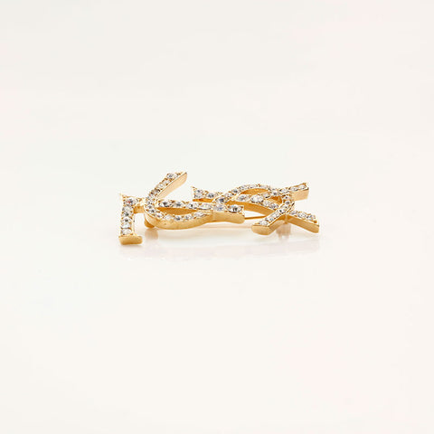 極美品 イヴ・サンローラン YVES SAINT LAURENT YSL ロゴ ラインストーン ブローチ ゴールド WS14736