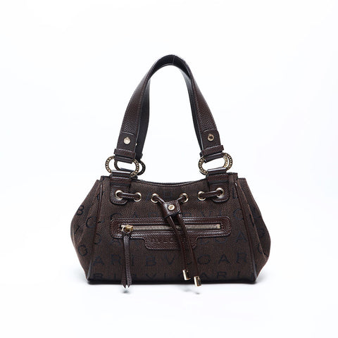 ブルガリ BVLGARI キャンバス ロゴマニア ハンドバッグ ブラウン WS14764