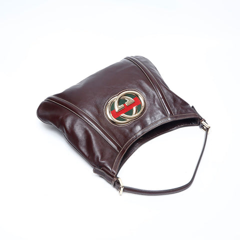GUCCI Leather Interlocking Shoulder Bag Brown WS14768