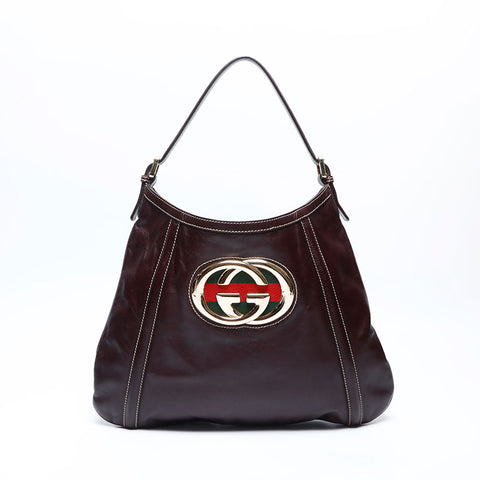 GUCCI Leather Interlocking Shoulder Bag Brown WS14768