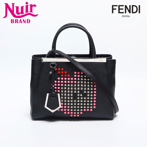 FENDI Leather Studs Apple Twojours Shoulder Bag black WS14876